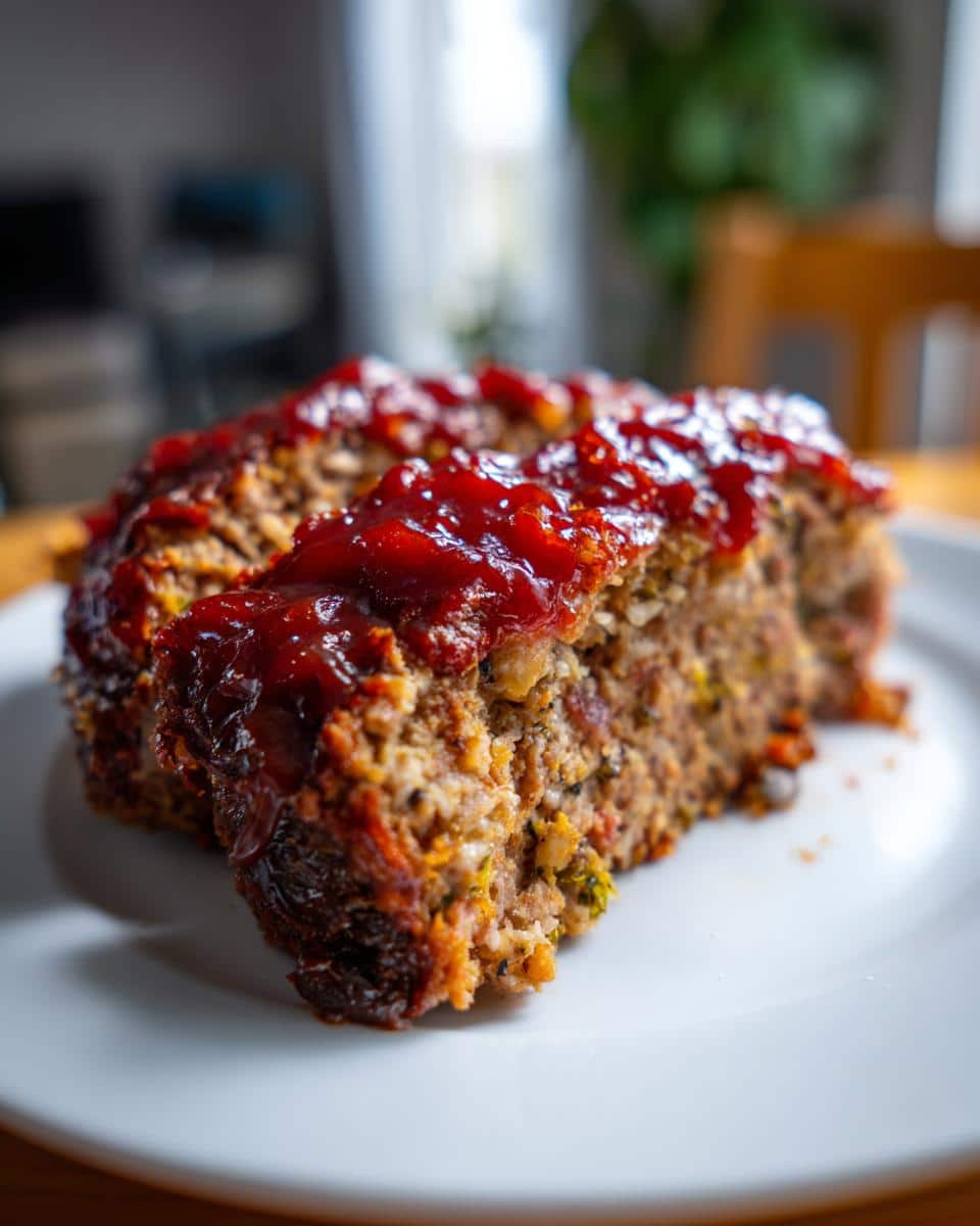 A close-up of a generous slice of Classic Diner Meatloaf on a white plate, topped with a shiny red ketchup glaze.