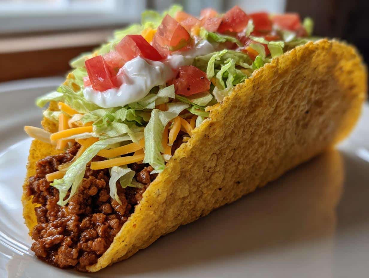A delicious hard shell taco filled with seasoned ground beef, shredded lettuce, cheese, diced tomatoes, and sour cream, perfect for Family Taco Night Favorites.