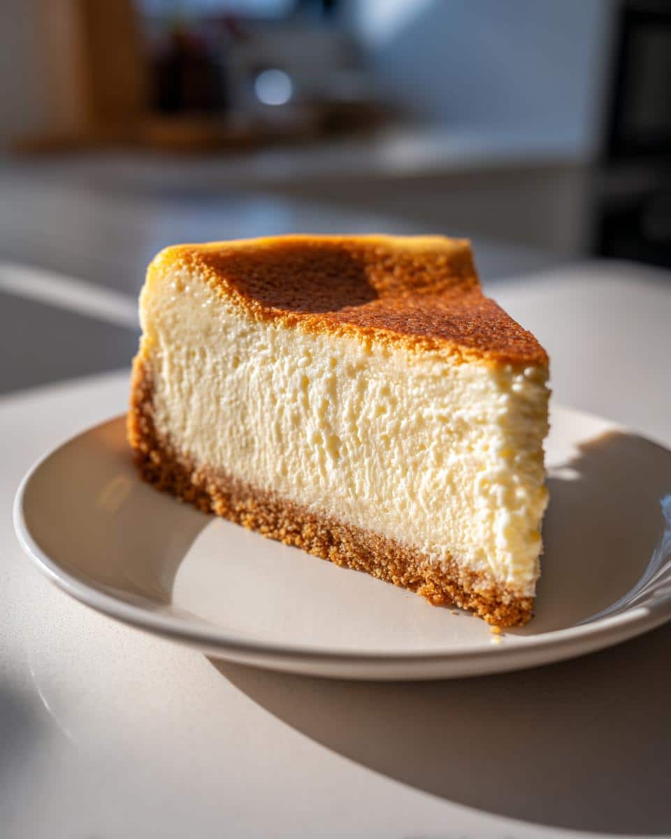 A perfectly baked slice of Classic New York Cheesecake on a white plate, showcasing its creamy texture and golden crust.