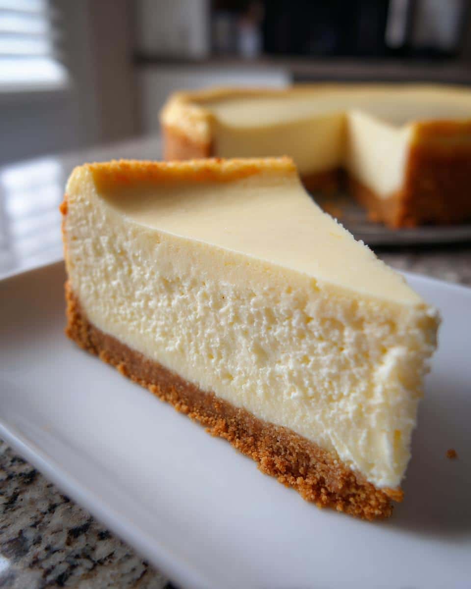 A perfect slice of Classic New York Cheesecake on a white plate, with the full cheesecake in the background.