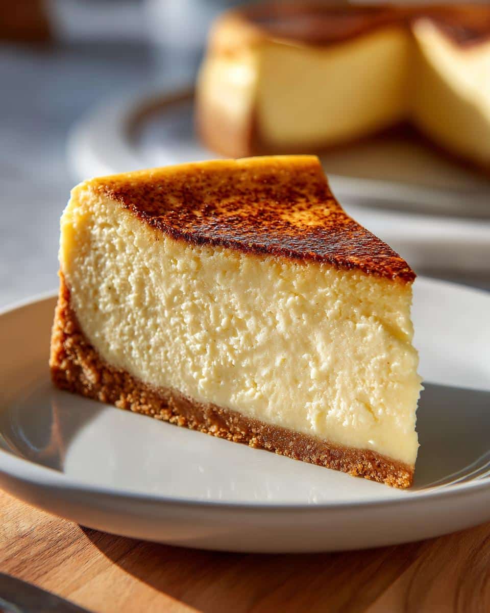 A delectable slice of Classic New York Cheesecake with a golden-brown top and graham cracker crust, on a white plate.