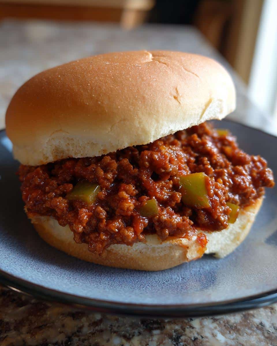 A close-up of a classic Sloppy Joe with Ground Beef, overflowing with saucy meat and green peppers on a soft bun, served on a blue plate.