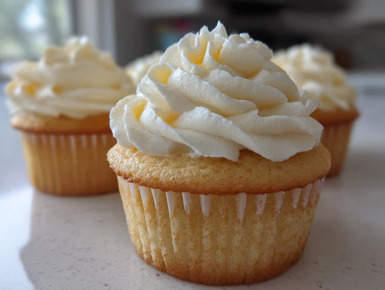 Easy Classic Vanilla Cupcakes with Buttercream in 30 Minutes 1 Close-up of a perfectly piped Classic Vanilla Cupcakes with Buttercream on a white surface, with more cupcakes in the background.