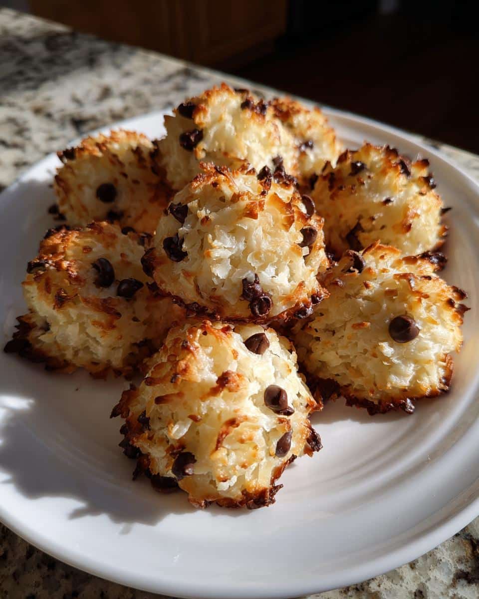 A white plate filled with golden-brown Coconut Chocolate Chip Macaroons, glistening in natural light.