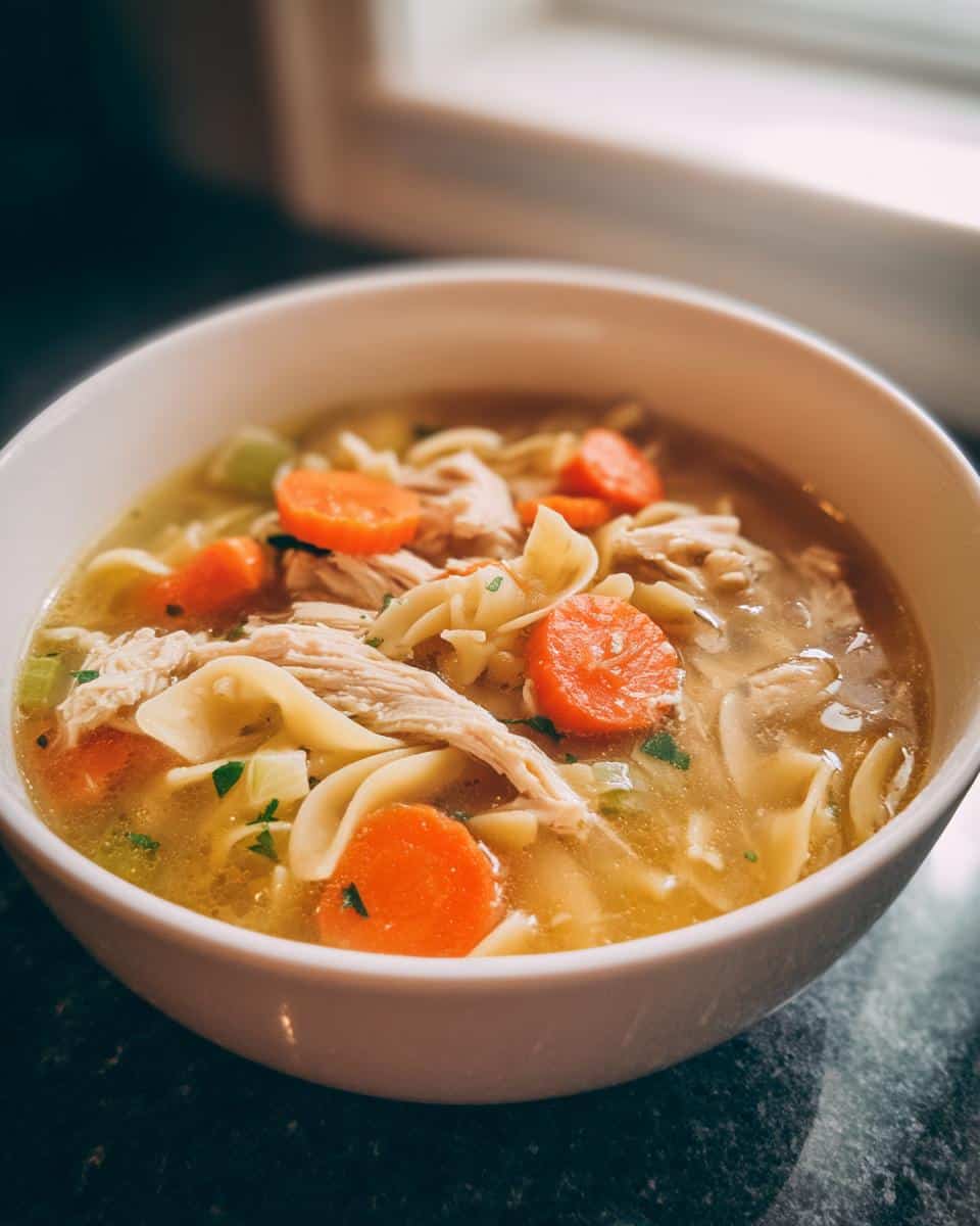 A close-up of a white bowl filled with hot, steaming Comforting Chicken Soup, featuring noodles, shredded chicken, carrots, and celery.