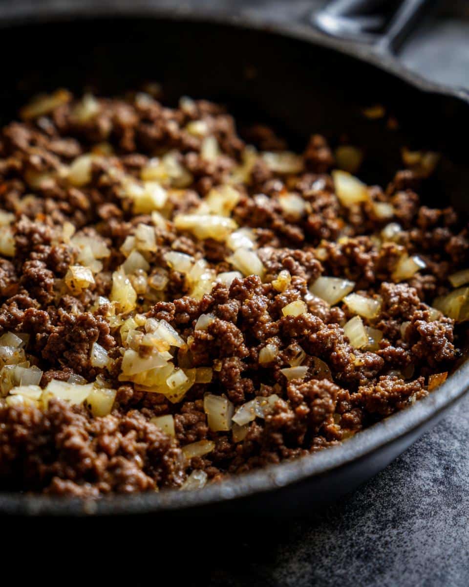 Close-up of browned ground beef and sautéed diced onions cooking in a dark cast iron skillet for a One Pot Ground Beef Skillet.