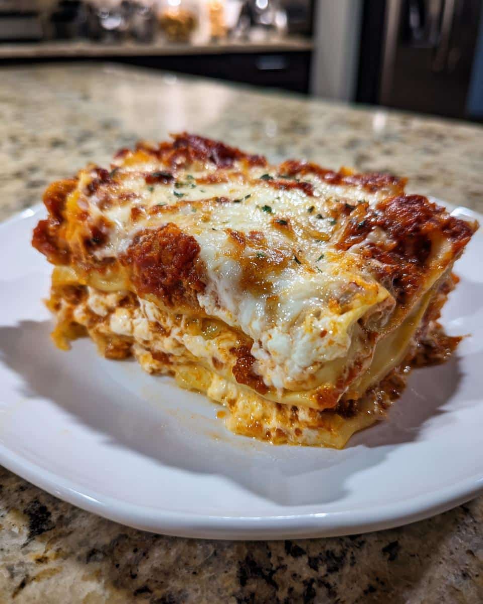 Easy 5-Ingredient Cottage Cheese Lasagna That Never Fails 5 A close-up of a generous slice of Cottage Cheese Lasagna on a white plate, showing layers of pasta, red sauce, and melted cheese.