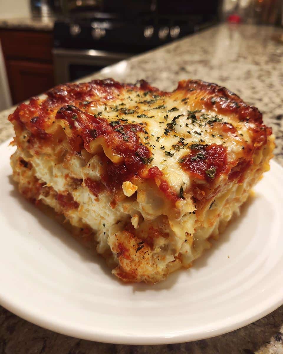 Easy 5-Ingredient Cottage Cheese Lasagna That Never Fails 2 A close-up of a golden-brown slice of Cottage Cheese Lasagna on a white plate, topped with melted cheese and herbs.