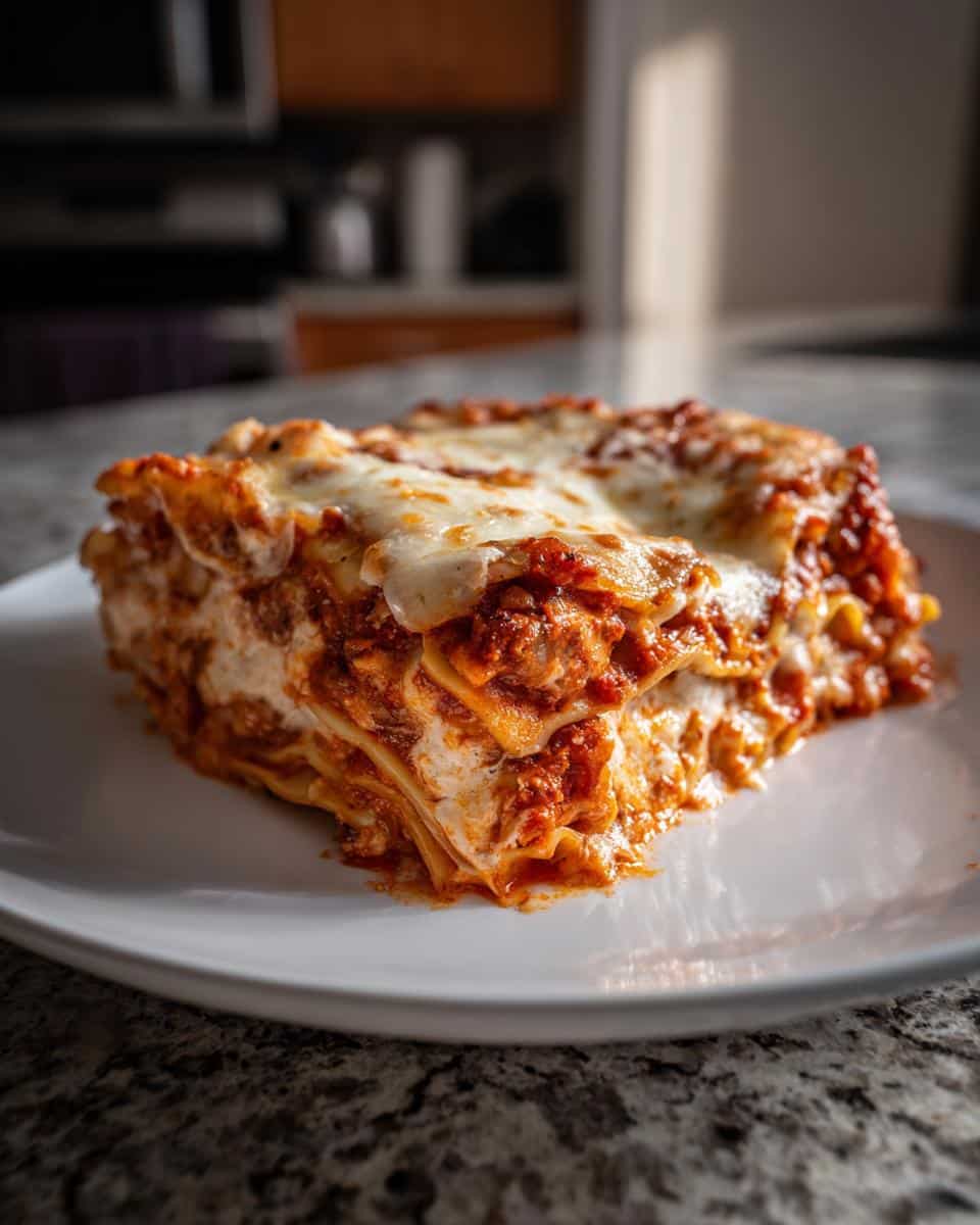 Easy 5-Ingredient Cottage Cheese Lasagna That Never Fails 3 A generous slice of homemade Cottage Cheese Lasagna on a white plate, showing layers of pasta, rich meat sauce, and melted cheese.