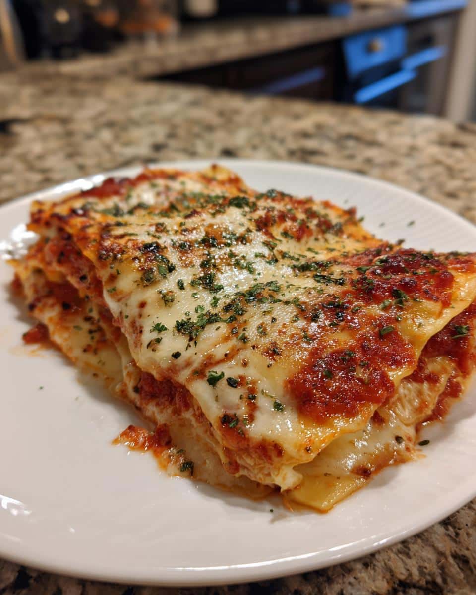 Easy 5-Ingredient Cottage Cheese Lasagna That Never Fails 4 A close-up of a perfectly baked slice of Cottage Cheese Lasagna on a white plate, topped with melted cheese and herbs.