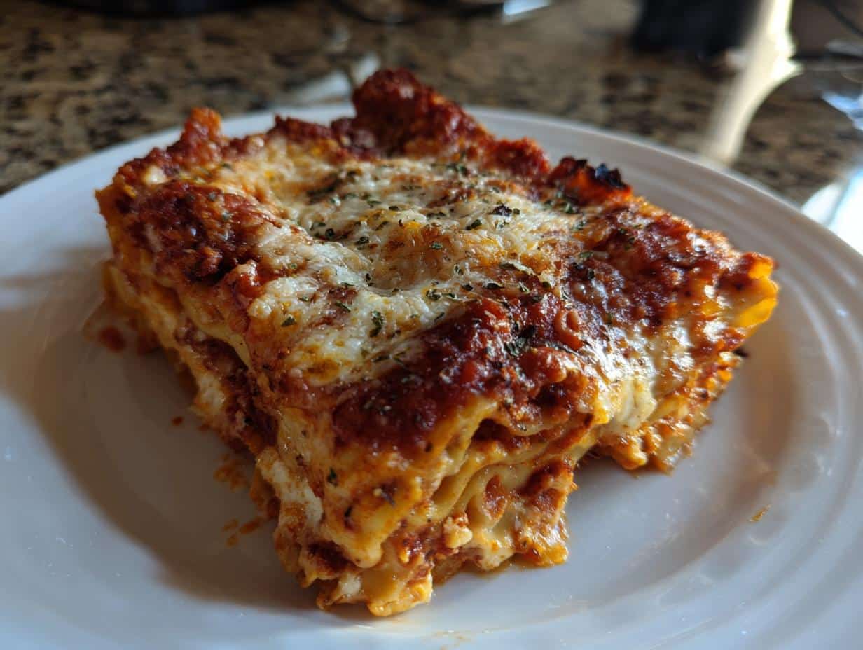 Easy 5-Ingredient Cottage Cheese Lasagna That Never Fails 1 A close-up shot of a golden-brown slice of Cottage Cheese Lasagna on a white plate, topped with melted cheese and herbs.