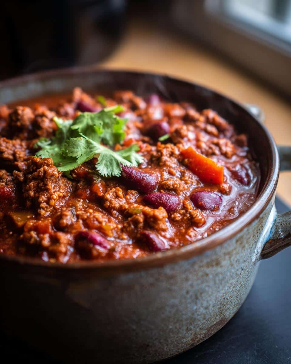 Close-up of a steaming bowl of Cozy Ground Turkey Chili, garnished with fresh cilantro and visible kidney beans.