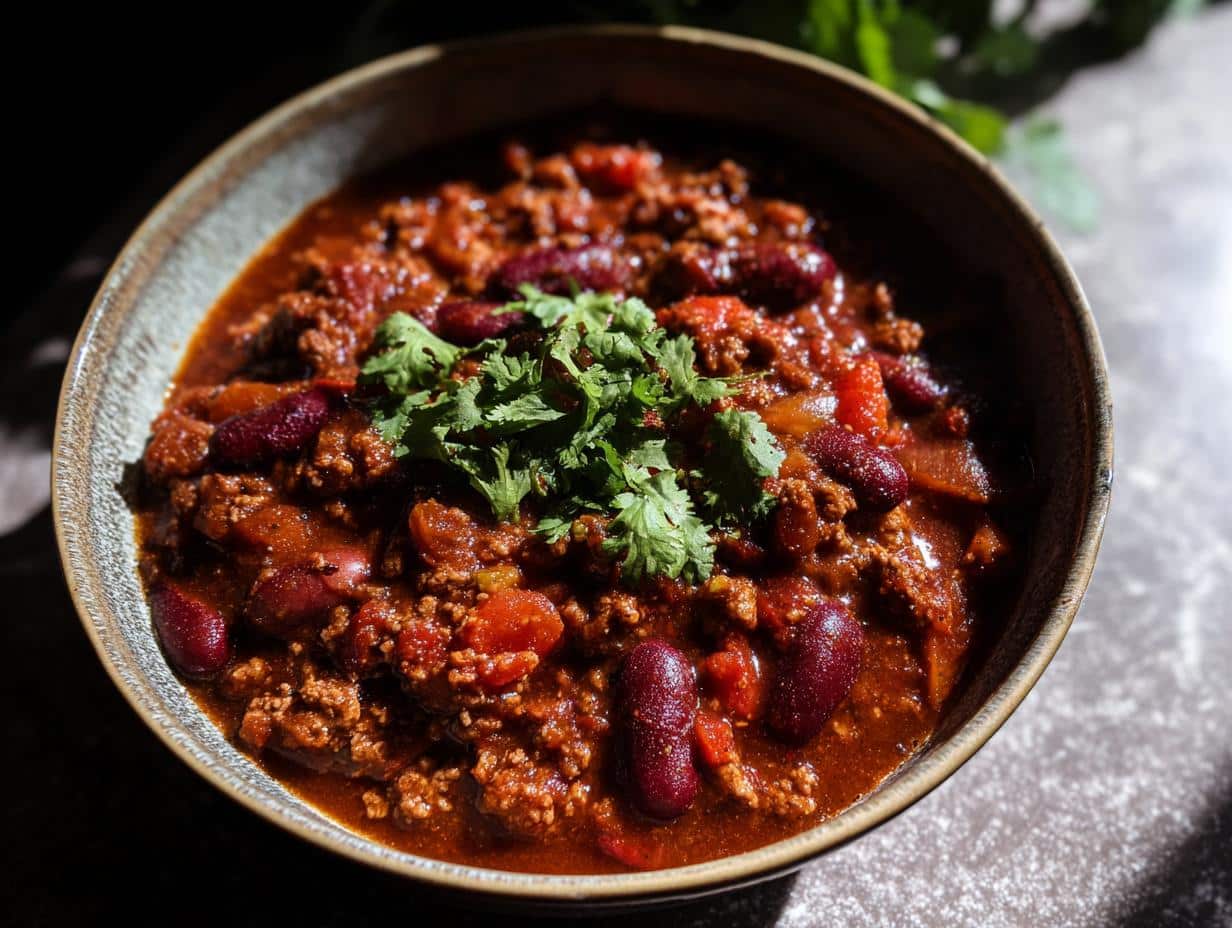 Close-up of a bowl of rich, red Cozy Ground Turkey Chili topped with fresh green cilantro.
