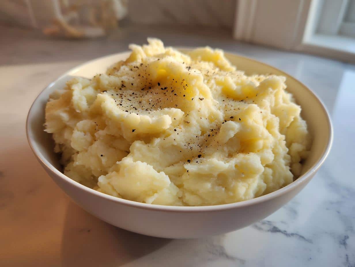 Creamy Cozy Homestyle Mashed Potatoes in Just 30 Minutes 1 A white bowl filled with fluffy, creamy Cozy Homestyle Mashed Potatoes, generously sprinkled with black pepper, on a marble surface.