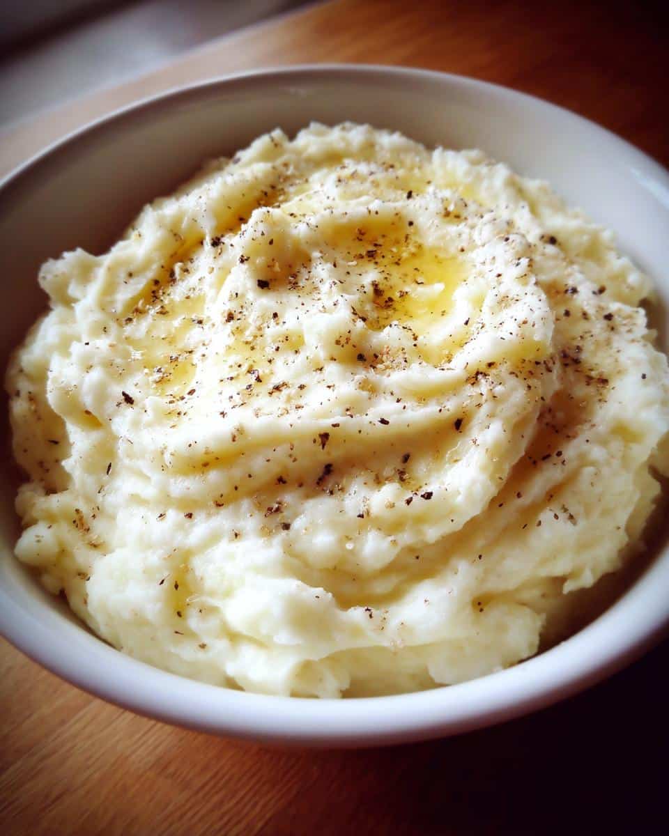 A close-up of a white bowl filled with creamy Butter and Cream Mashed Potatoes, topped with melted butter and black pepper.