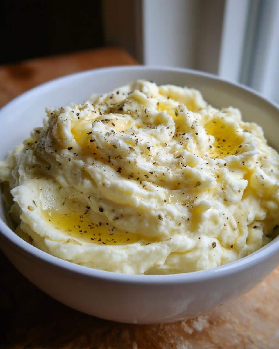 A close-up of a white bowl filled with creamy Butter and Cream Mashed Potatoes, topped with melted butter, black pepper, and herbs.