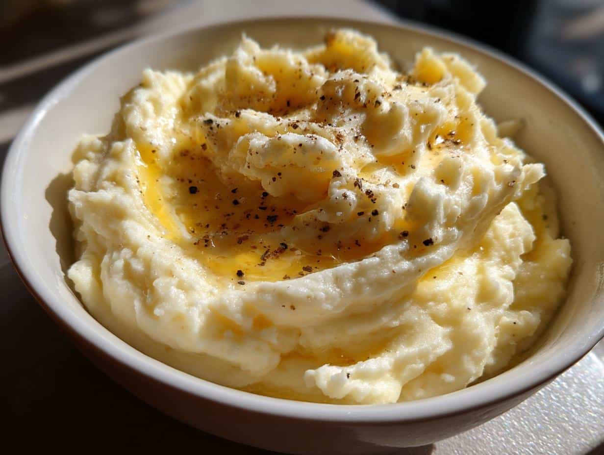 A close-up of a white bowl filled with fluffy Butter and Cream Mashed Potatoes, topped with melted butter and black pepper.