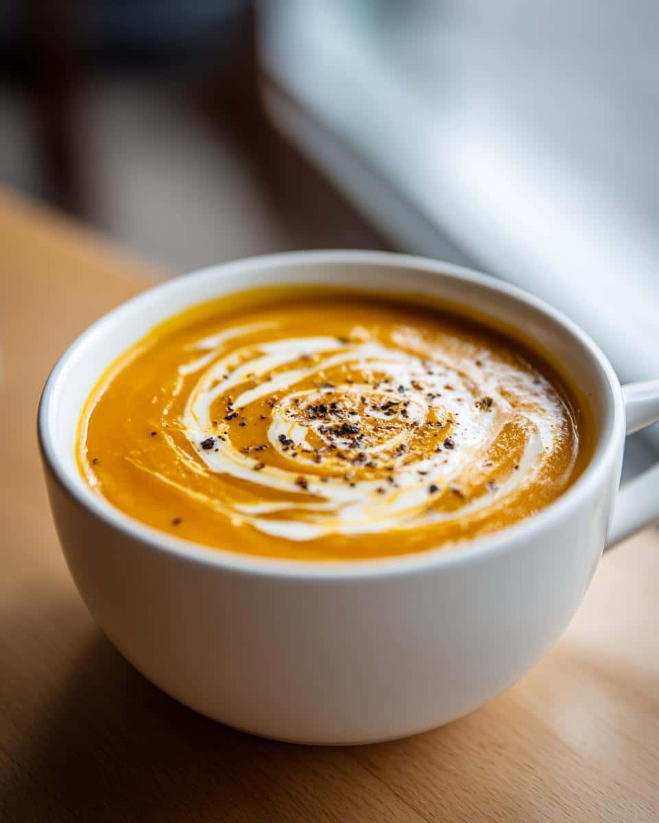 A close-up of a white mug filled with Creamy Butternut Squash Apple Soup, garnished with a swirl of cream and black pepper.