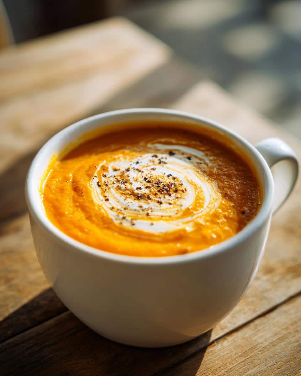 Close-up of a white mug filled with Creamy Butternut Squash Apple Soup, swirled with cream and sprinkled with pepper.