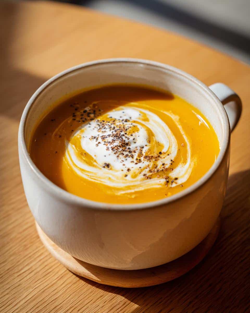 Close-up of a bowl of Creamy Butternut Squash Apple Soup, garnished with a swirl of cream and black pepper.