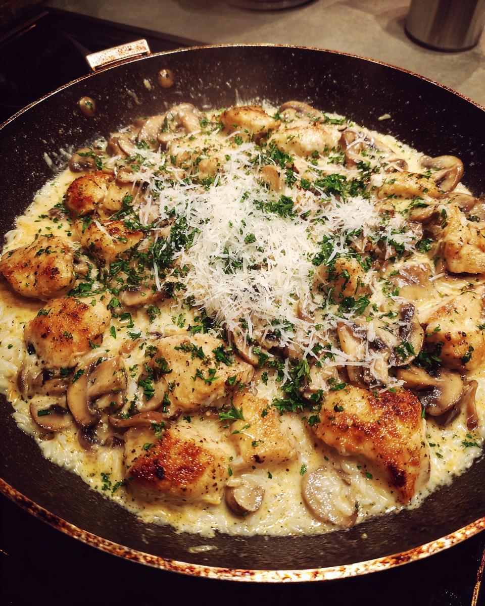 Close-up of a Creamy Chicken and Mushroom Rice Skillet, garnished with shredded cheese and fresh parsley, in a large pan.