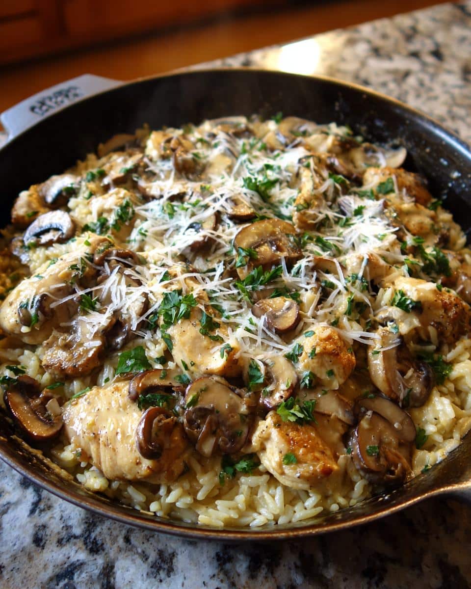 Close-up of a Creamy Chicken and Mushroom Rice Skillet in a black pan, topped with grated cheese and fresh parsley.