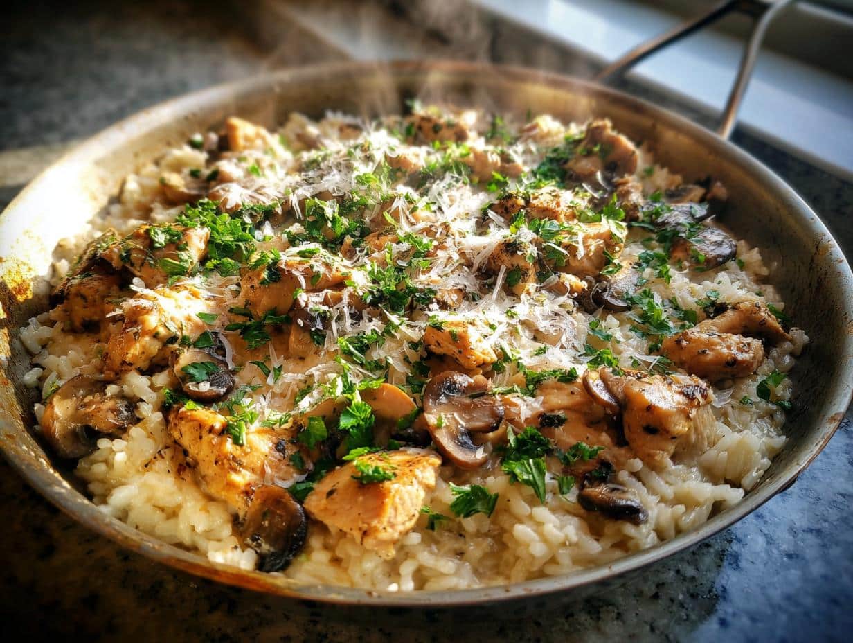 Close-up of a steaming Creamy Chicken and Mushroom Rice Skillet, garnished with fresh parsley and grated Parmesan cheese.
