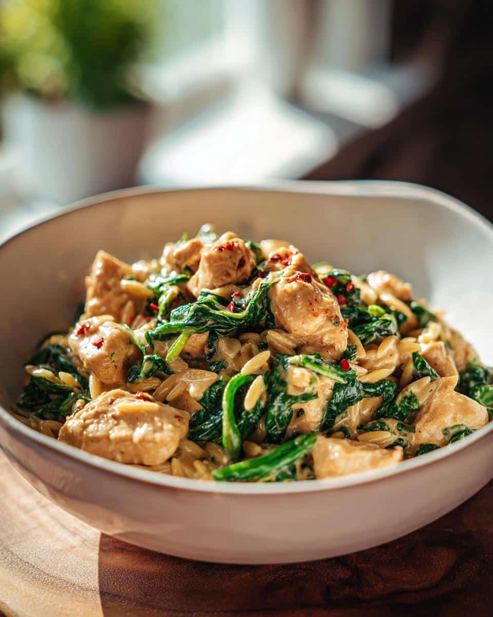A close-up of a white bowl filled with Creamy Chicken and Spinach Orzo, garnished with red pepper flakes.