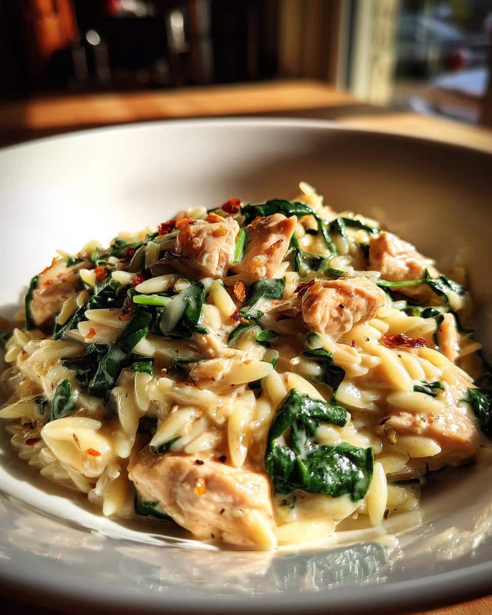 Close-up of a bowl of Creamy Chicken and Spinach Orzo, showing tender chicken pieces, vibrant spinach, and orzo pasta in a rich sauce.