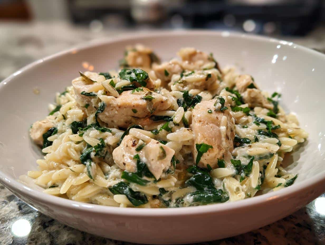 A close-up shot of a bowl filled with Creamy Chicken and Spinach Orzo, garnished with fresh herbs.