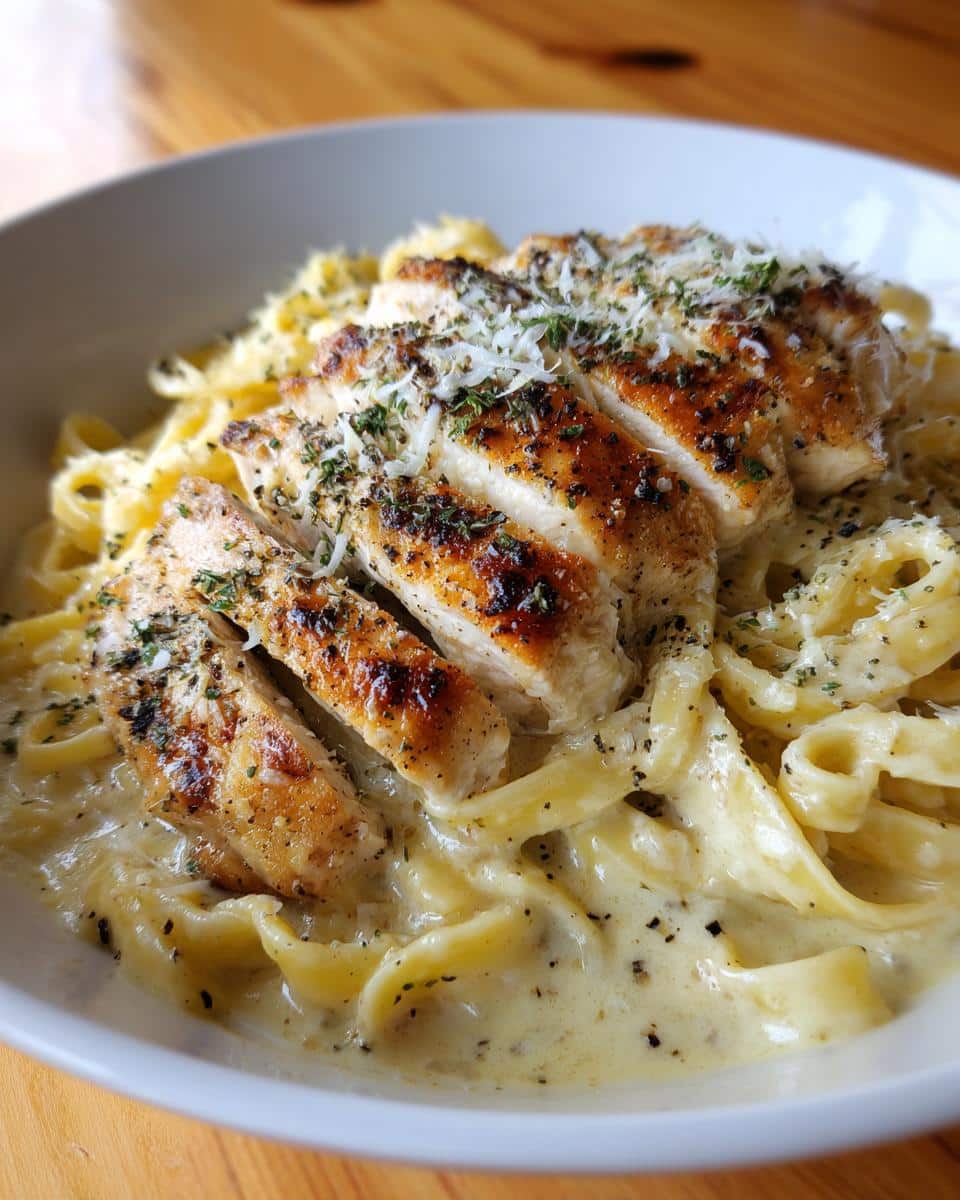 Close-up of a bowl of Creamy Garlic Alfredo Chicken Pasta, topped with sliced grilled chicken, Parmesan cheese, and herbs.
