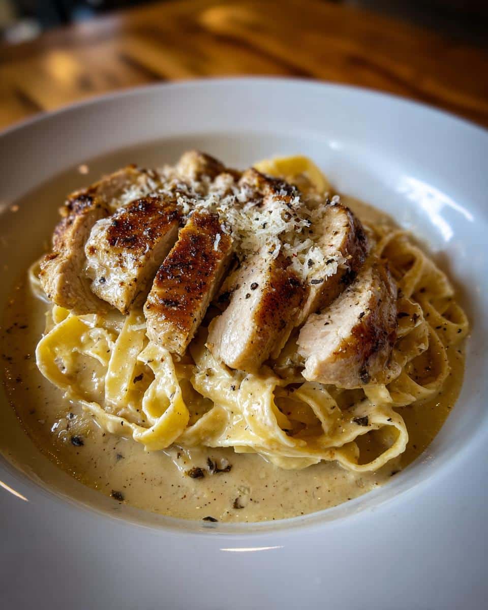 Close-up of a serving of Creamy Garlic Alfredo Chicken Pasta with sliced chicken breast, fettuccine, and creamy sauce.