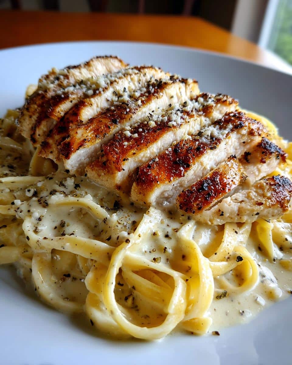 A close-up of Creamy Garlic Alfredo Chicken Pasta with sliced grilled chicken breast on top, garnished with pepper.