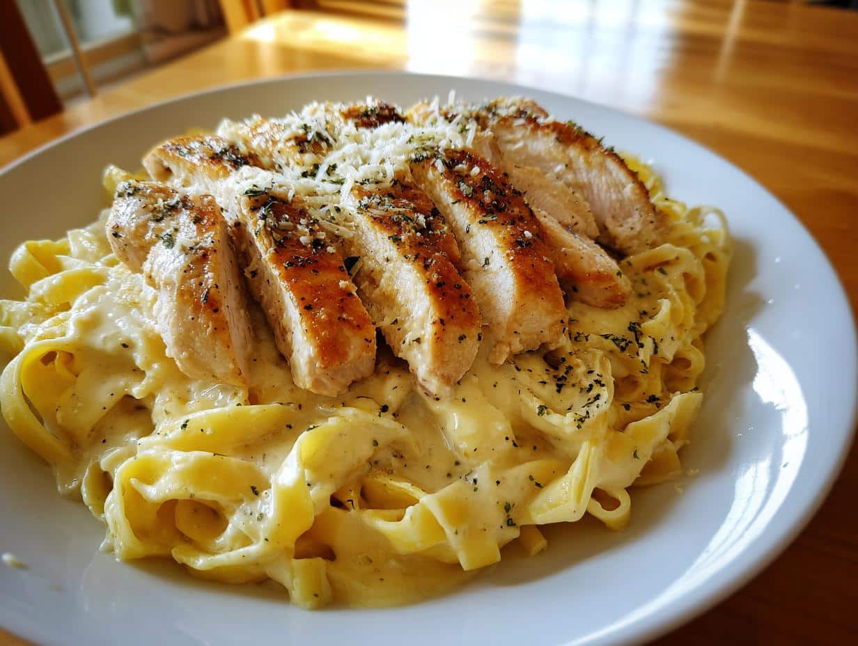 A close-up of a plate of Creamy Garlic Alfredo Chicken Pasta, topped with sliced chicken breast, grated cheese, and herbs.
