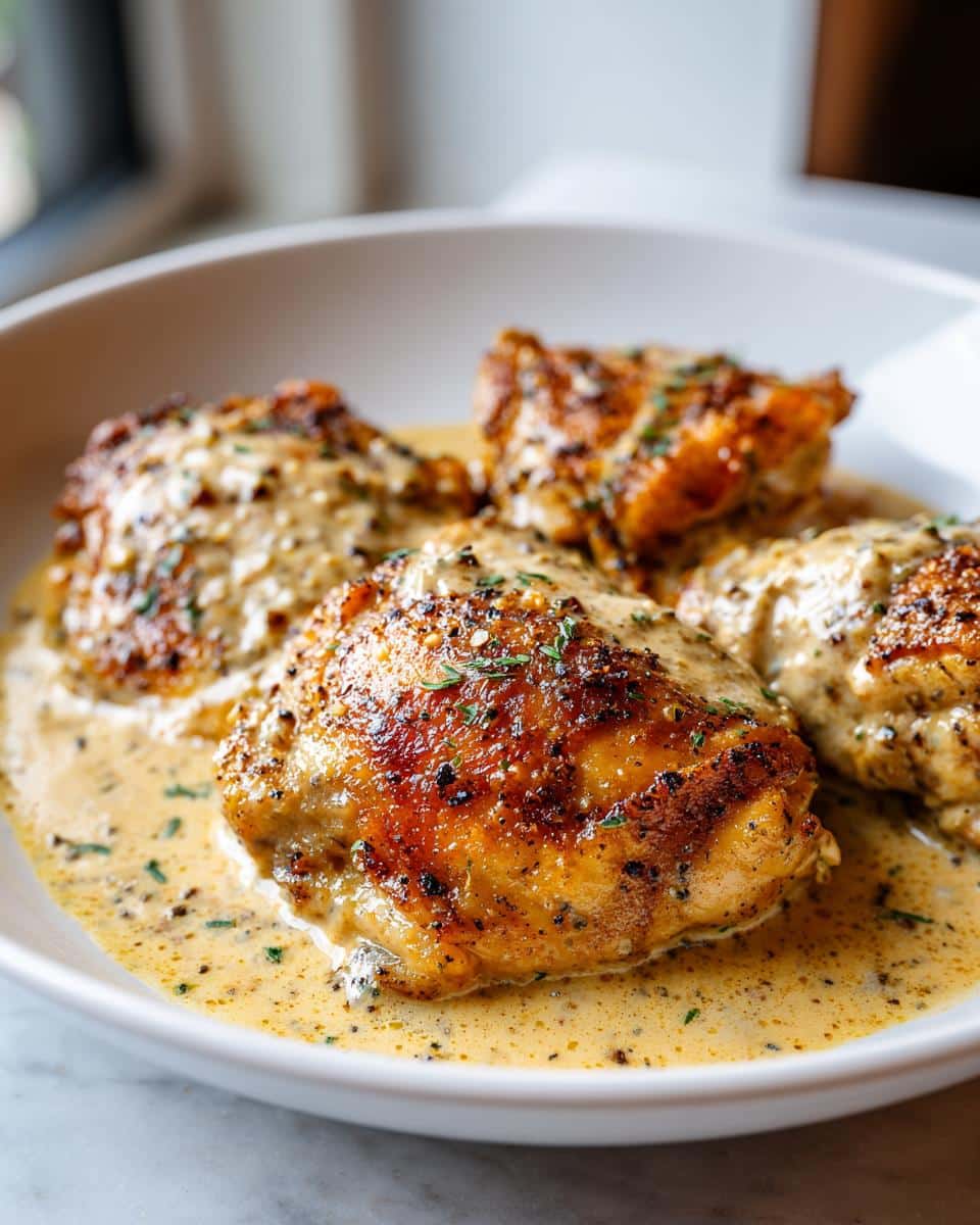 Four golden-brown Creamy Garlic Chicken Thighs in a white bowl, covered in a rich, speckled cream sauce and garnished with herbs.