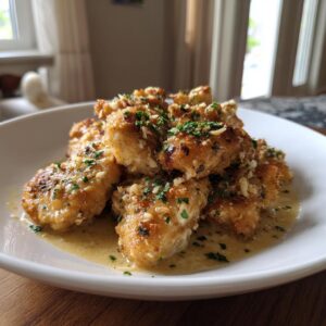 Close-up of golden-brown Creamy Garlic Parmesan Chicken Breast bites in a rich sauce, garnished with parsley.