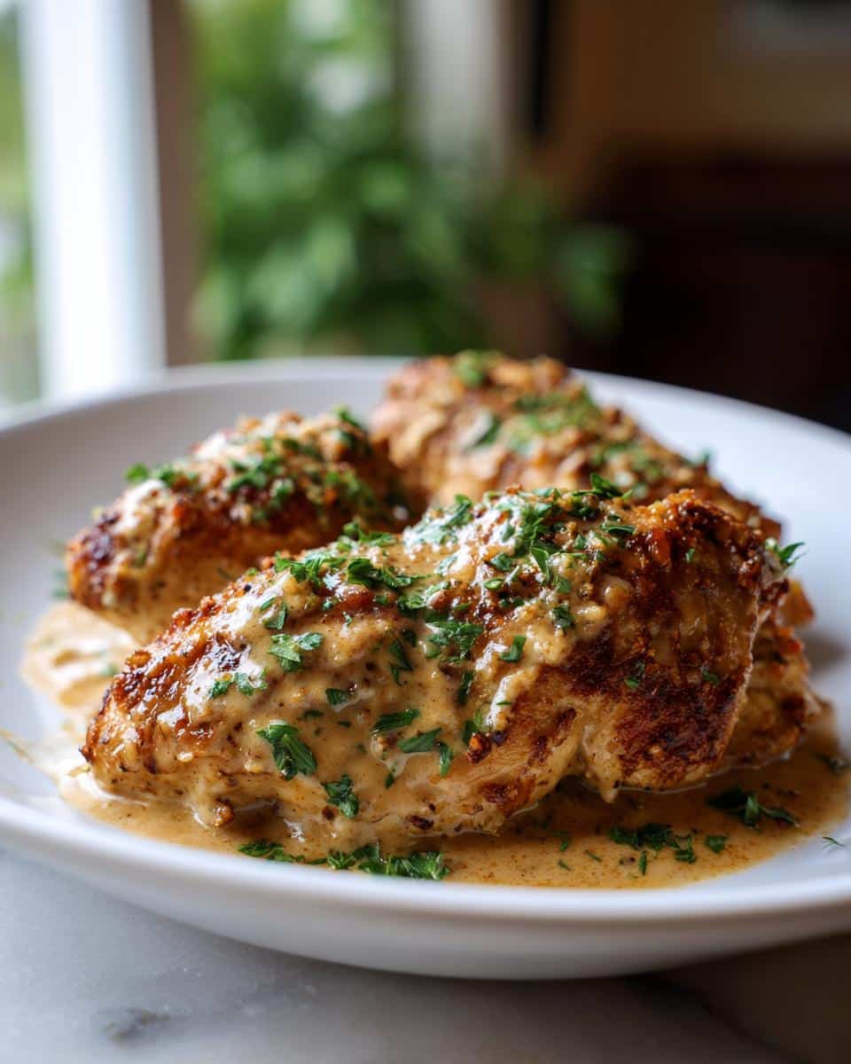 Three golden-brown Creamy Garlic Parmesan Chicken Breasts on a white plate, generously covered in a rich, creamy sauce and fresh parsley.