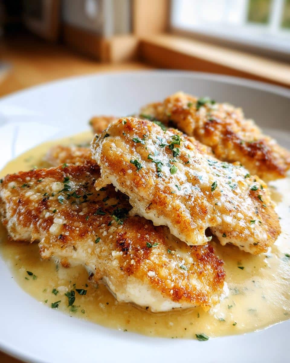 Close-up of golden-brown Creamy Garlic Parmesan Chicken Breast pieces on a white plate, covered in a rich sauce and fresh parsley.