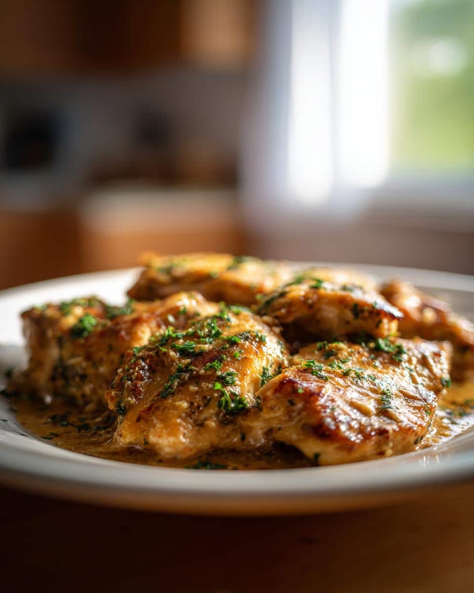 Close-up of a platter filled with golden-brown Creamy Garlic Parmesan Chicken Breast, garnished with fresh parsley.