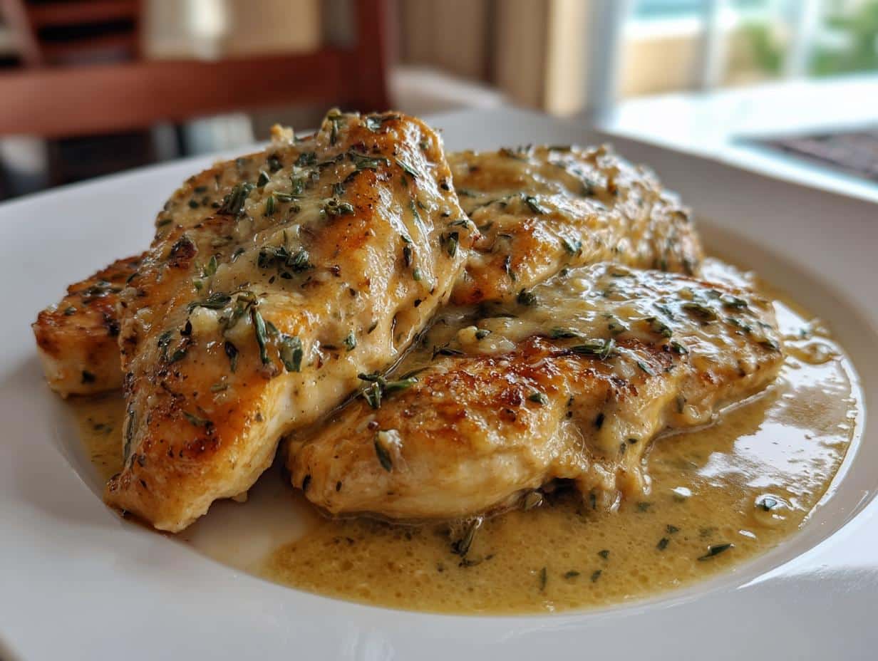 Close-up of golden-brown Creamy Garlic Parmesan Chicken Breast on a white plate, coated in a rich, herby sauce.