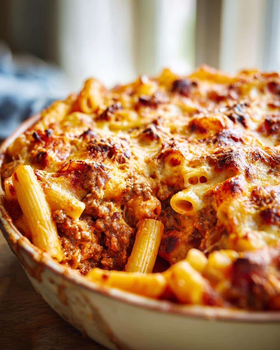 A close-up shot of a freshly baked Creamy Ground Beef Pasta Bake in a casserole dish, showing golden-brown cheese and rigatoni pasta.