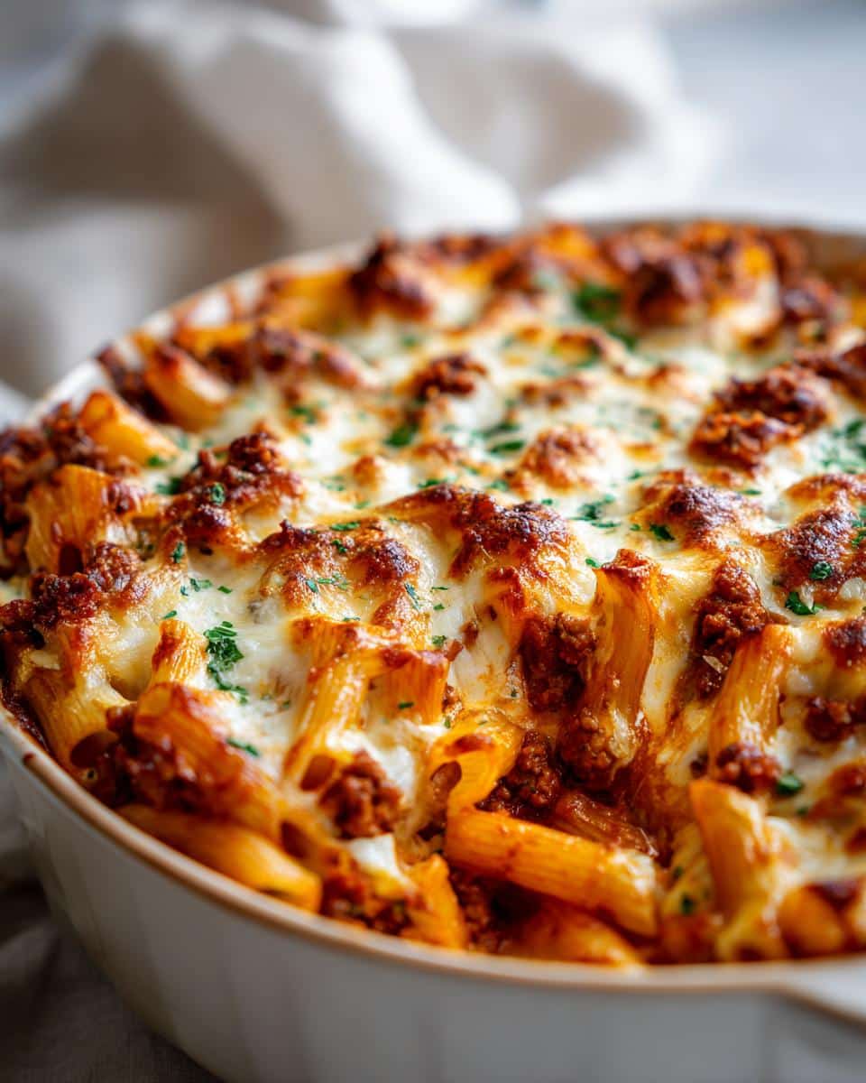 A close-up shot of a baked dish of Creamy Ground Beef Pasta Bake, topped with melted, bubbly cheese and fresh parsley.