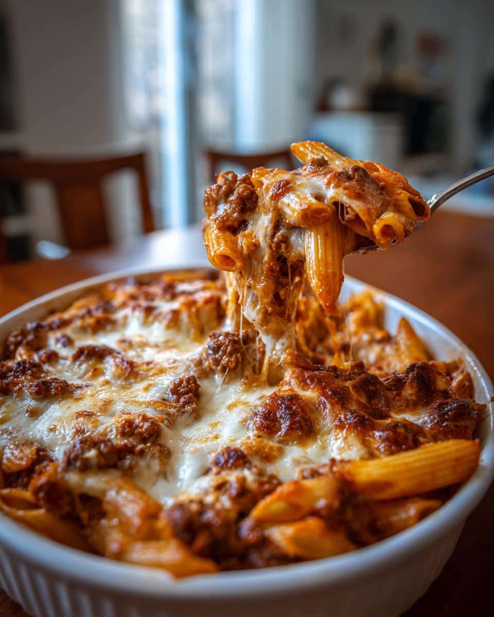 A spoonful of Creamy Ground Beef Pasta Bake being lifted from a white baking dish, showing melted cheese and penne pasta.