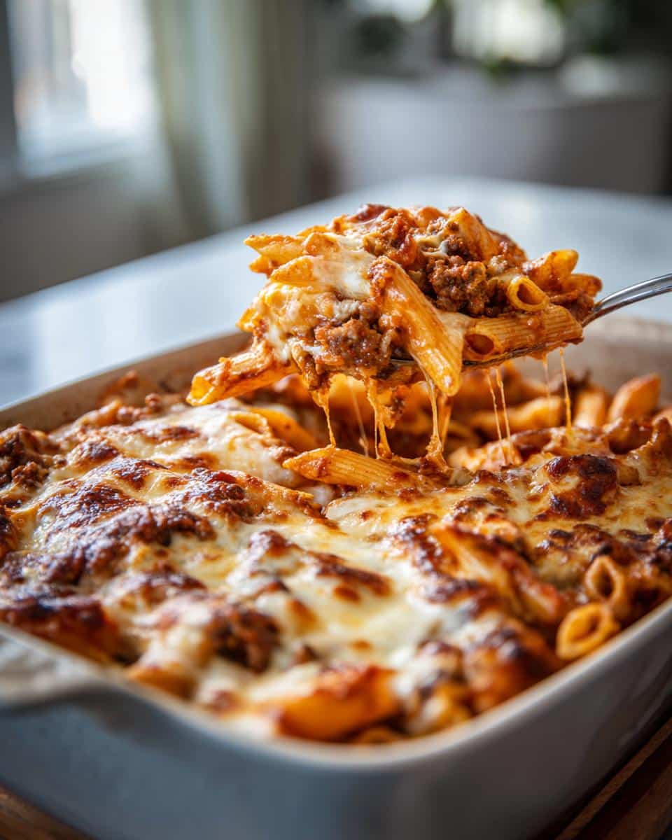 A spoonful of Creamy Ground Beef Pasta Bake being lifted from a baking dish, showing gooey melted cheese and penne pasta.