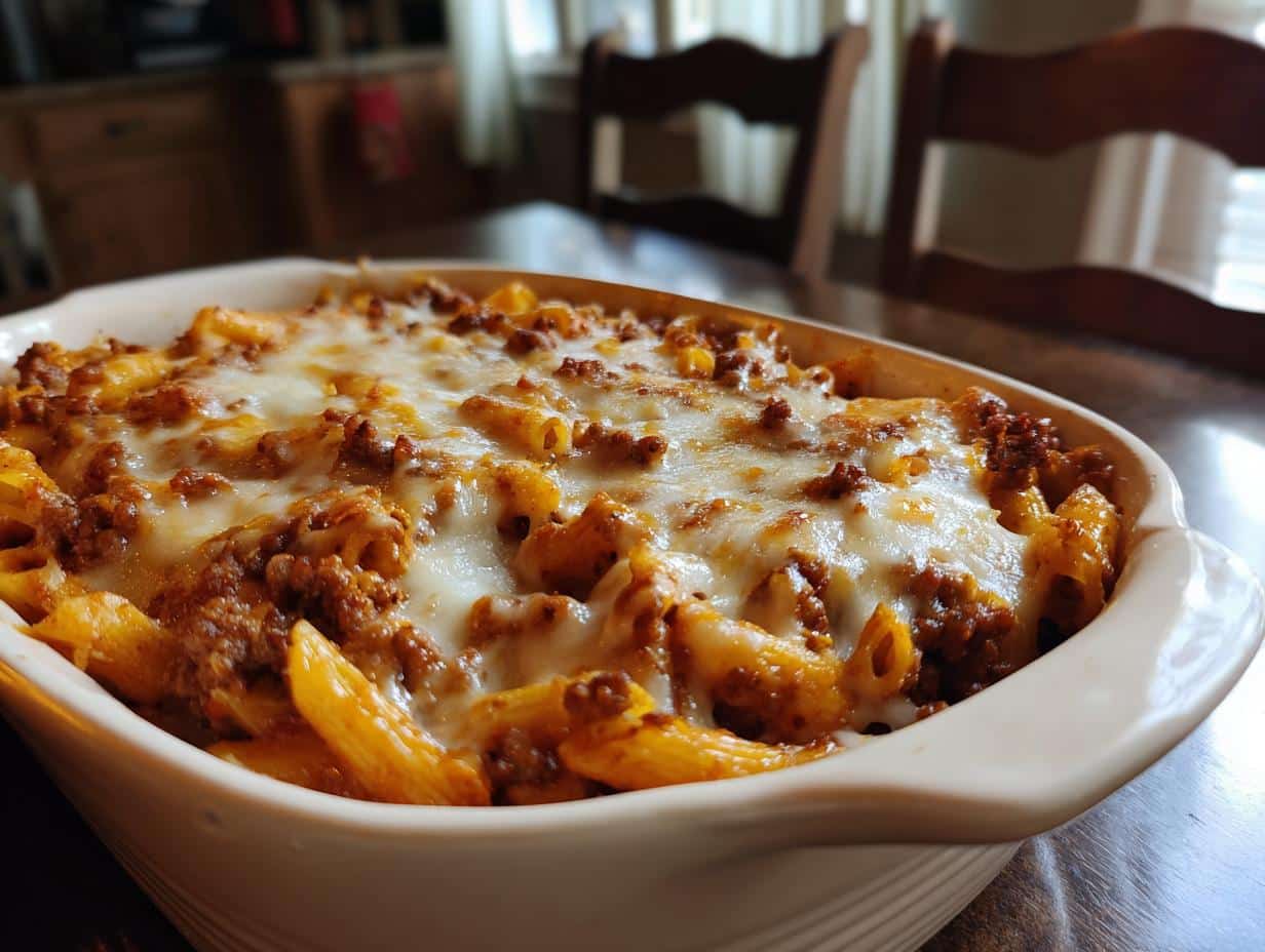 Close-up of a freshly baked Creamy Ground Beef Pasta Bake in a casserole dish, topped with melted cheese.