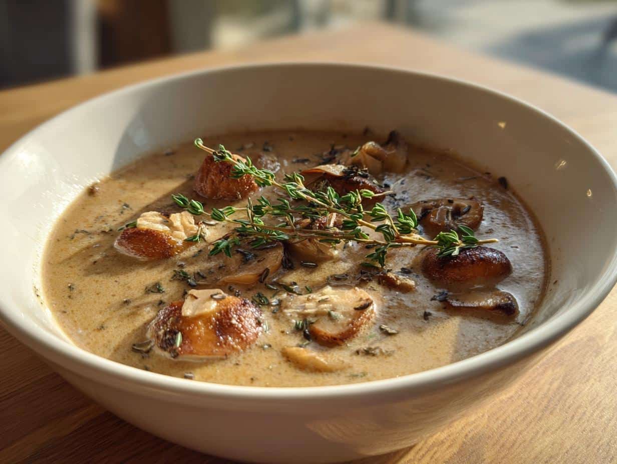 A close-up of a white bowl filled with rich Creamy Mushroom Soup with Thyme, garnished with fresh thyme sprigs.