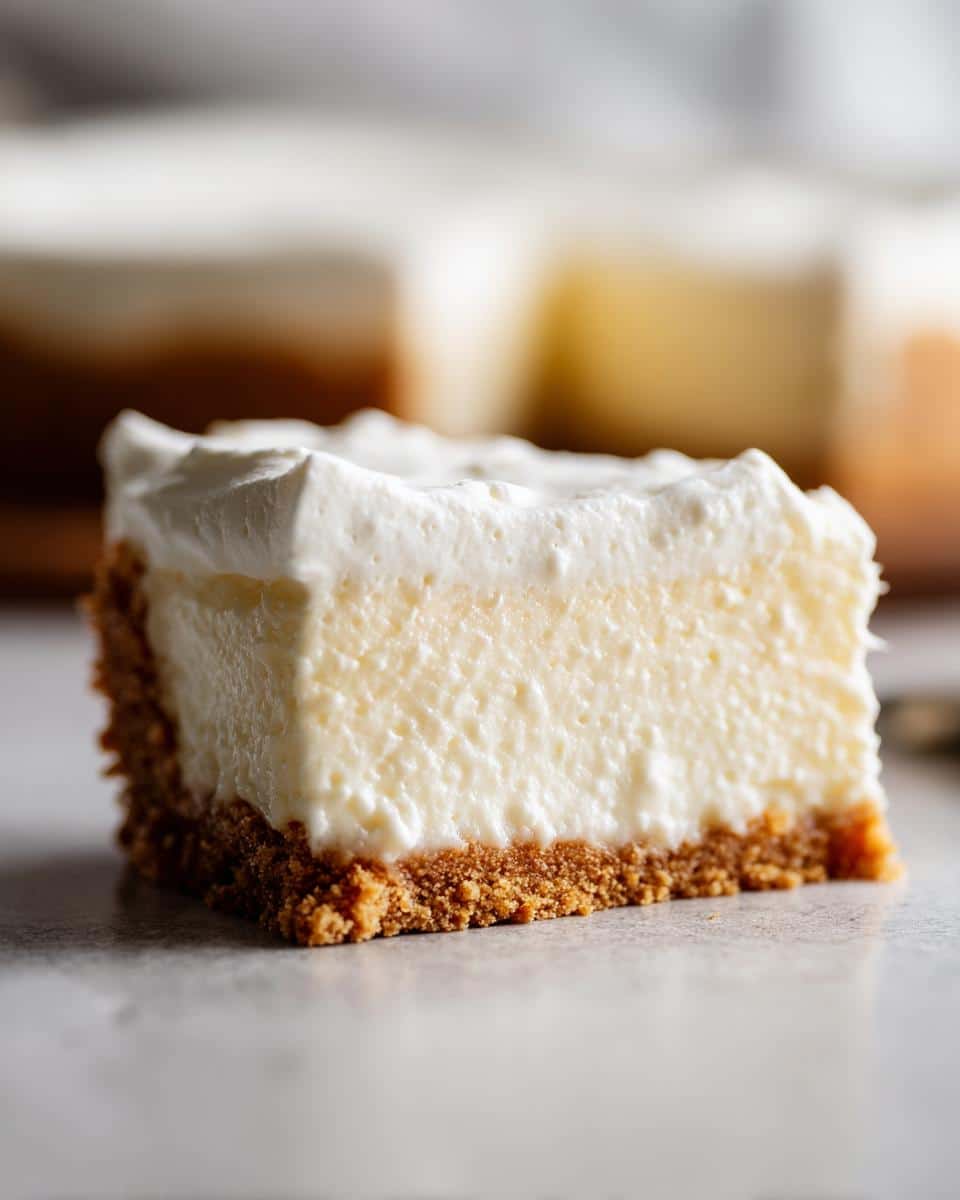 Close-up of a single slice of Creamy No Bake Cheesecake with a thick graham cracker crust and whipped cream topping.