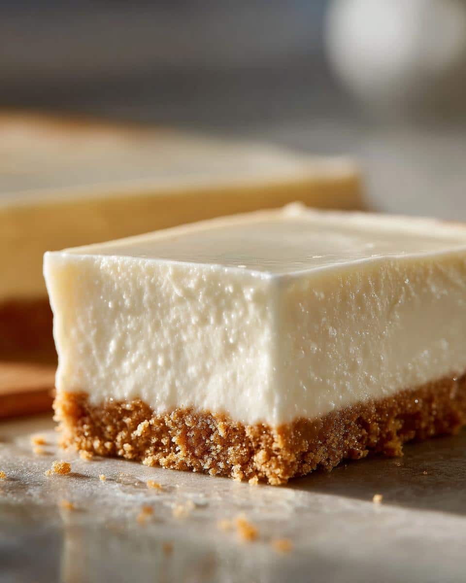 Close-up of a square slice of Creamy No Bake Cheesecake with a thick graham cracker crumb base.