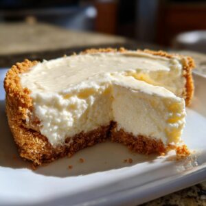 A close-up of a whole Creamy No Bake Cheesecake with one slice removed, showing the creamy filling and graham cracker crust.