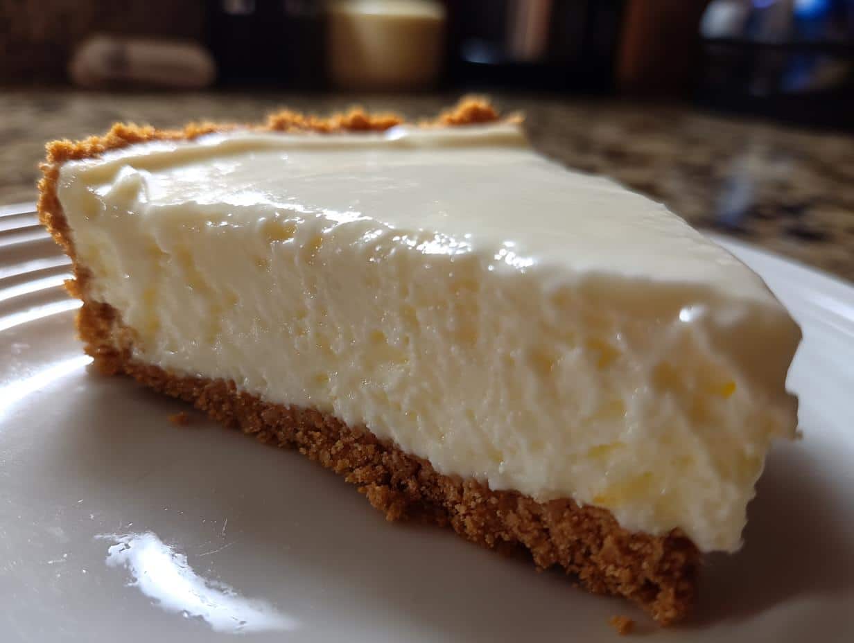 Close-up of a generous slice of creamy no bake cheesecake with a golden graham cracker crust on a white plate.